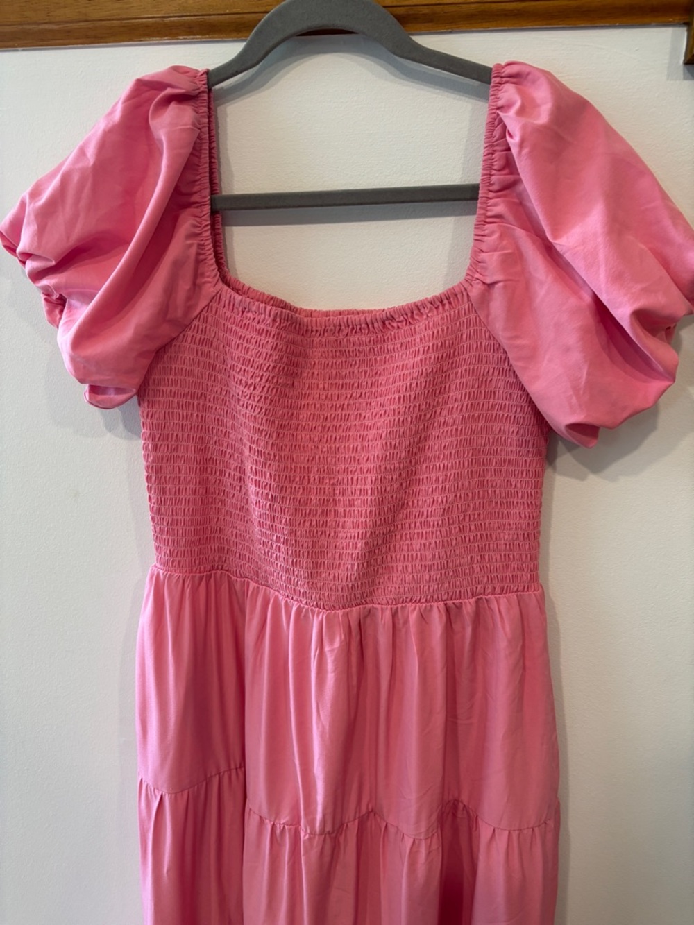 Manydress Women’s Pink Puff-Sleeve Tiered Dress w Smocked Chest and Pockets - L - Picture 2 of 6